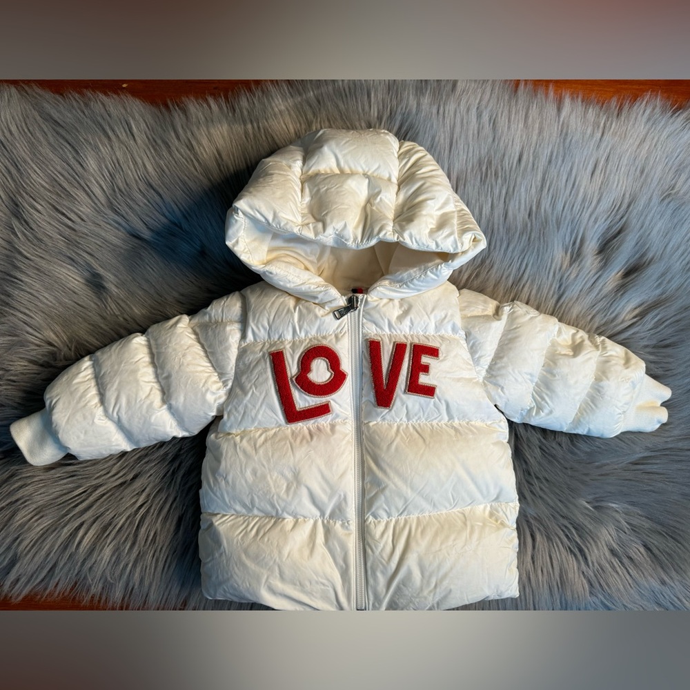 MONCLER Enfant Puffer Jacket LOVE Hoodie White Down Feather Zip 9-12 M ITALY